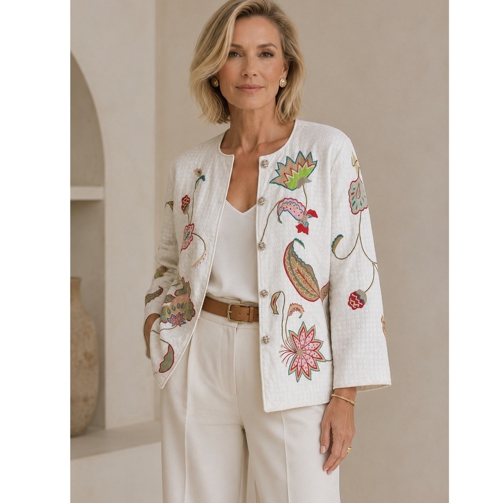 Indigo Moon Embroidered Floral Cream Jacket Cardigan 1X Vintage Whimsigoth EUC